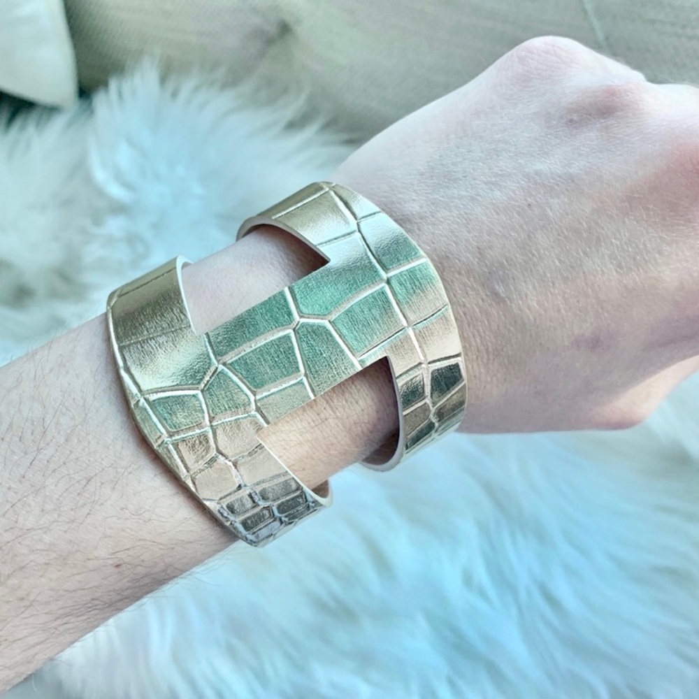 Croc Embossed Gold Eco Leather Cuff Bracelet - Picture 7 of 9